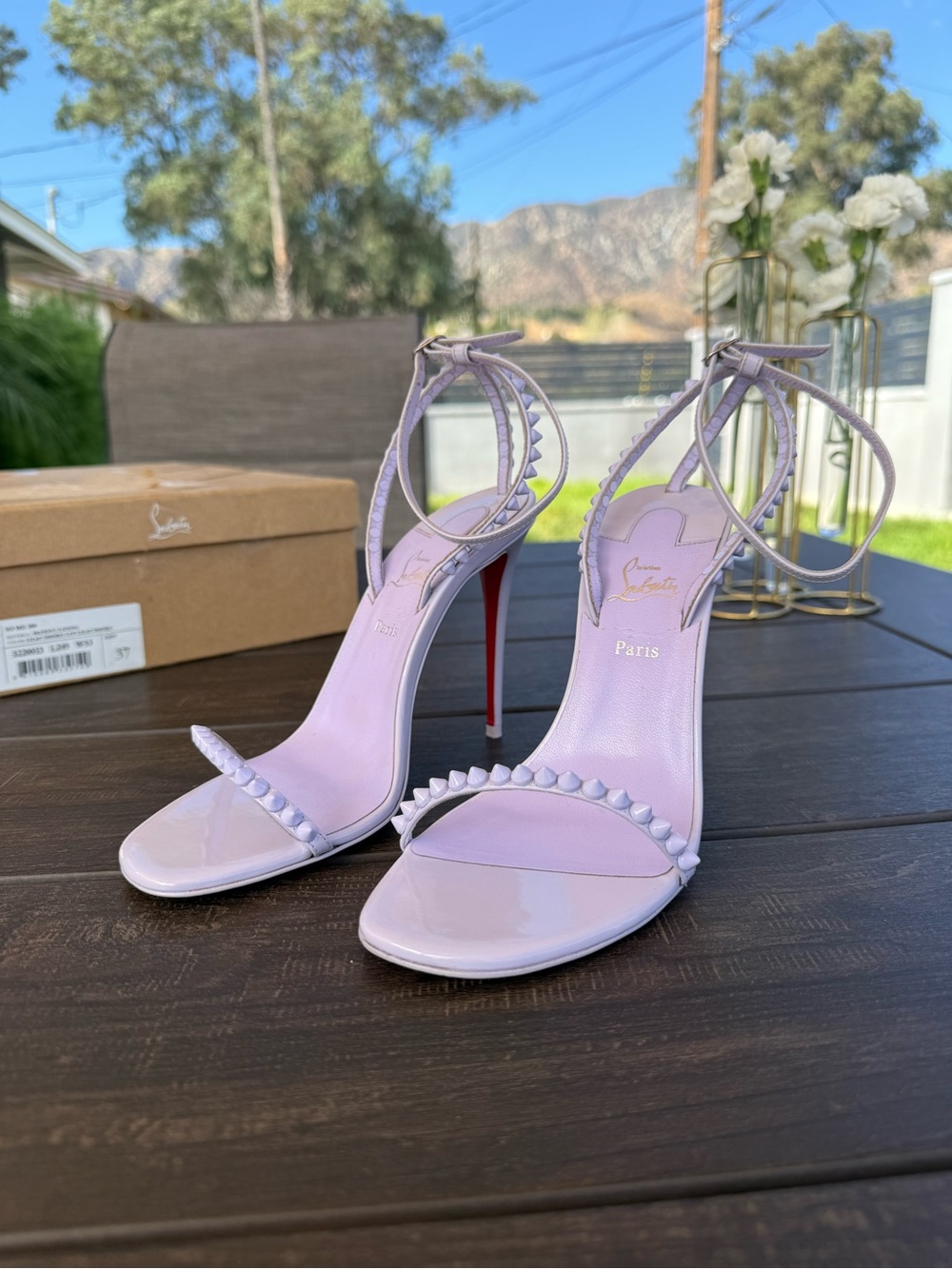 Christian Louboutin So Me 100 Lilac Smoke Patent Leather Spike Sandals Size 37